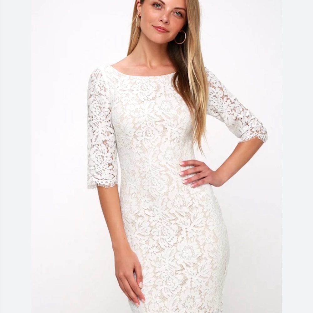Lulus So Lovely White and Nude Lace Bodycon Dress